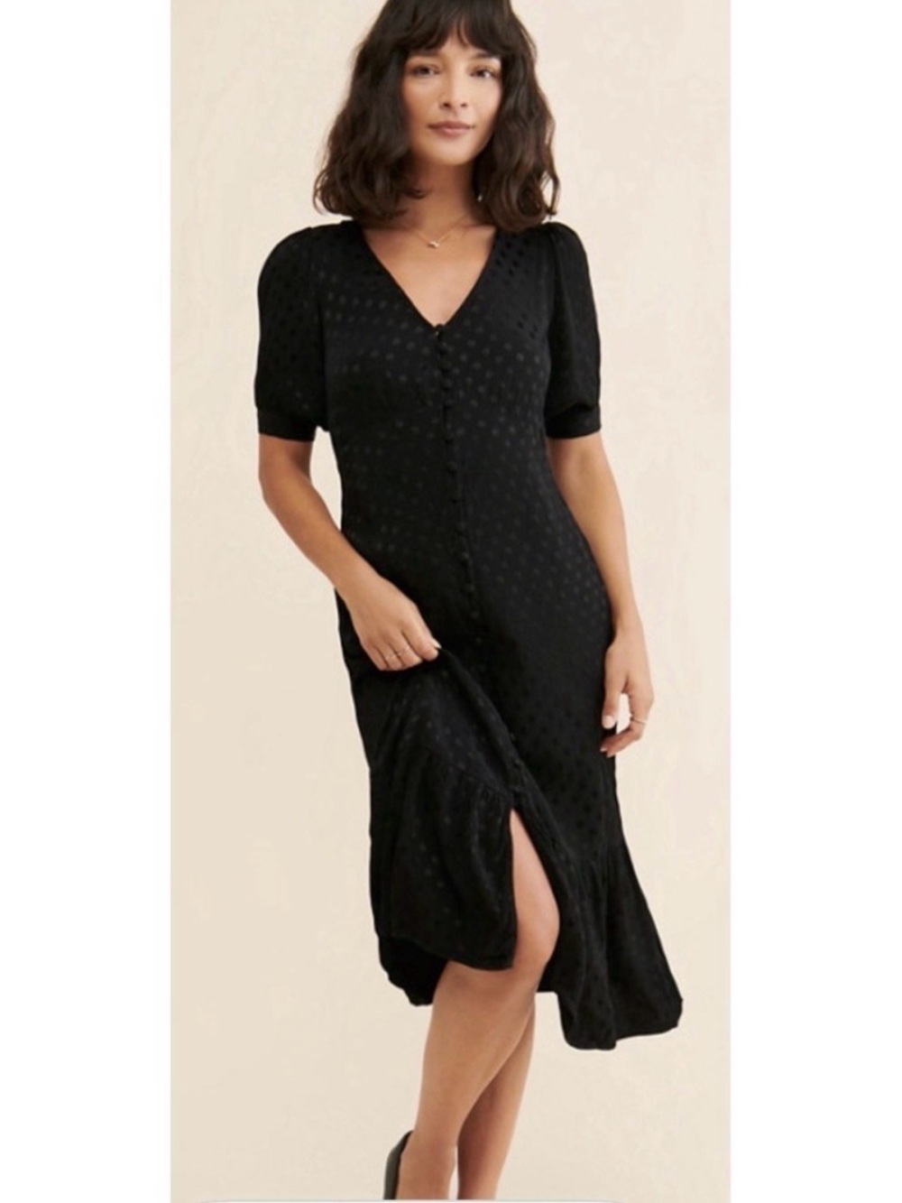 Anthropologie Black Textured V-Neck Button Midi Dress 6